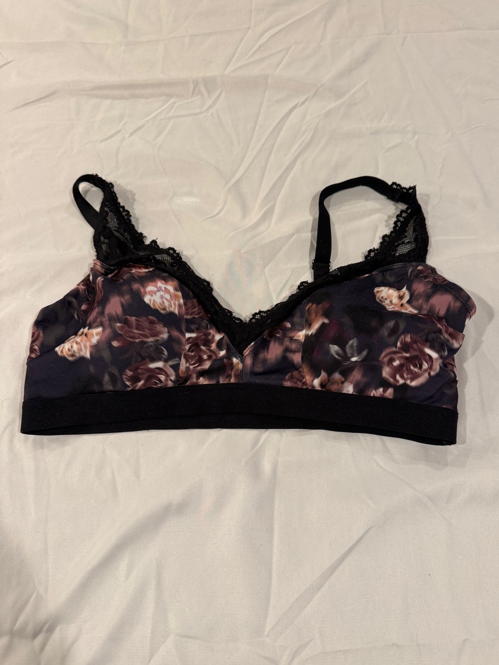 Floral Lace-Trim Bralette in Black with Rose Print